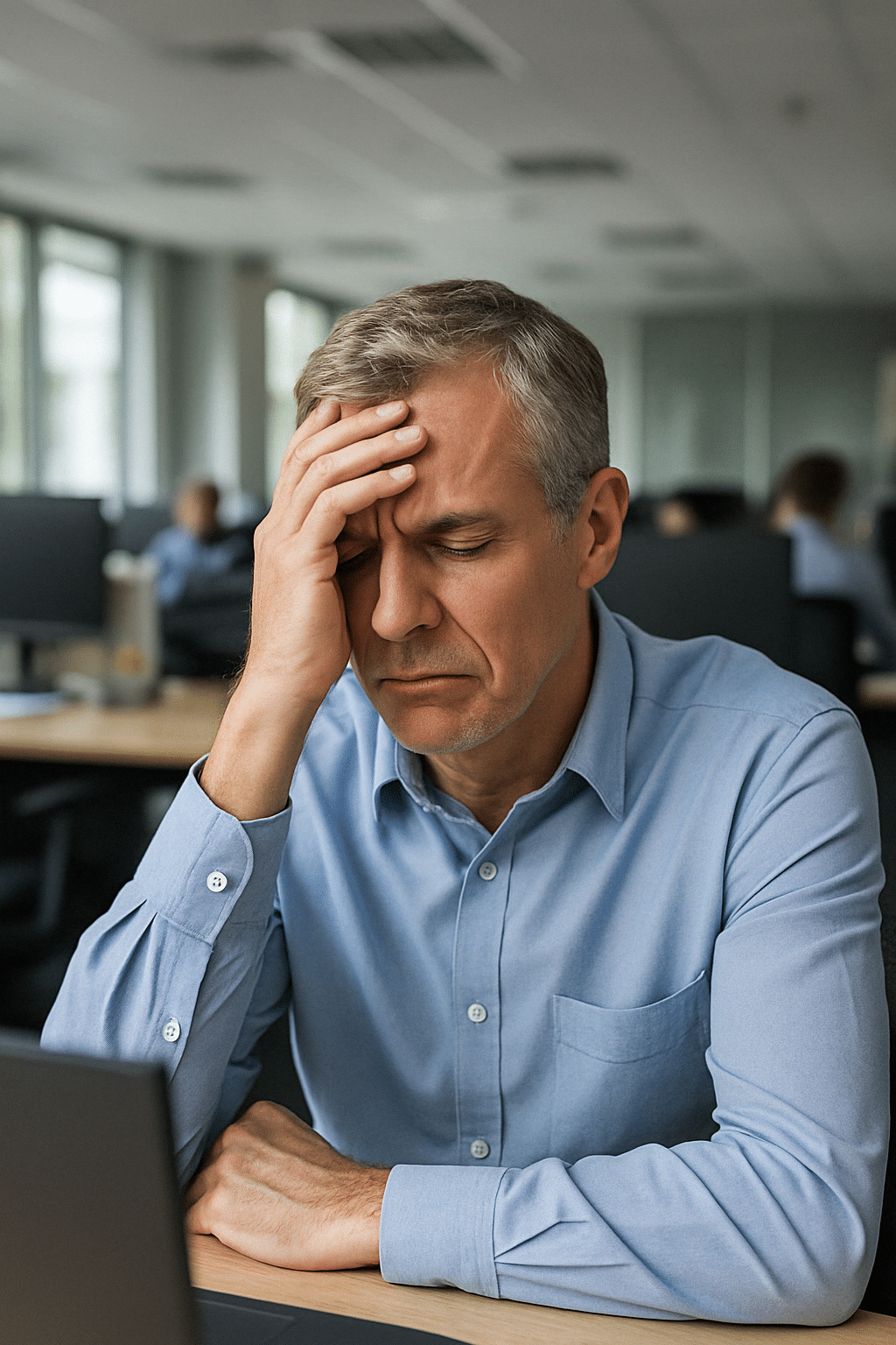 Ein Mann mittleren Alters sitzt im Büro mit geschlossenen Augen und legt erschöpft die Hand an die Stirn – Zeichen von Stress oder Überforderung.