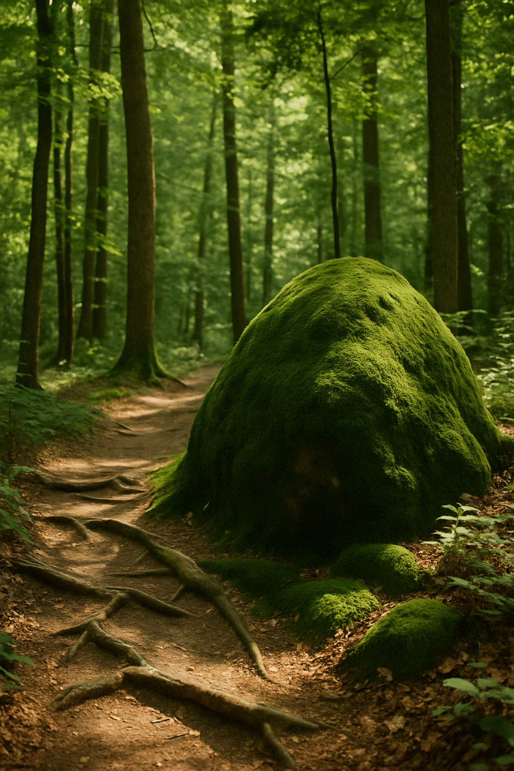 Ein mit Moos bedeckter Fels liegt mitten im grünen Wald neben einem verschlungenen Pfad – Sinnbild für Naturverbundenheit und Erdung.