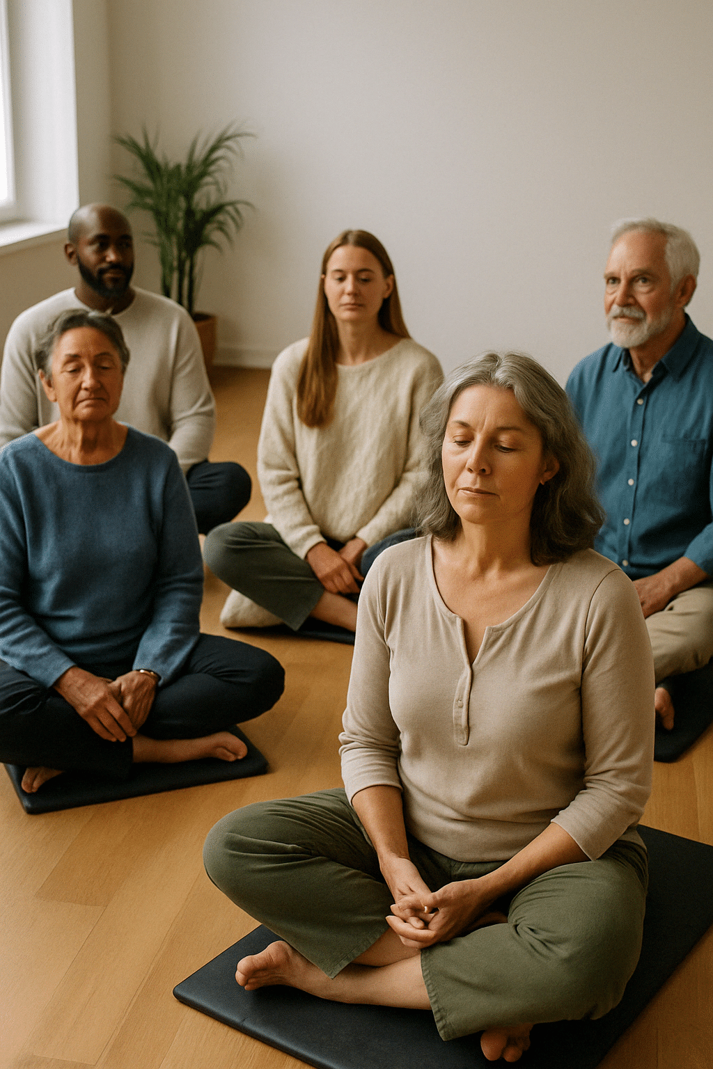 Eine Gruppe unterschiedlicher Menschen sitzt im Schneidersitz mit geschlossenen Augen auf Meditationskissen in einem hellen Raum, ganz bei sich und doch verbunden im gemeinsamen Innehalten.