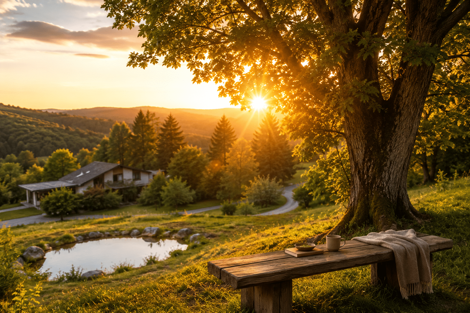 Sommerliche Abendstimmung im Seminarzentrum der baum in Österreich mit großem Baum, warmem Sonnenlicht und Blick über die ruhige Hügellandschaft.